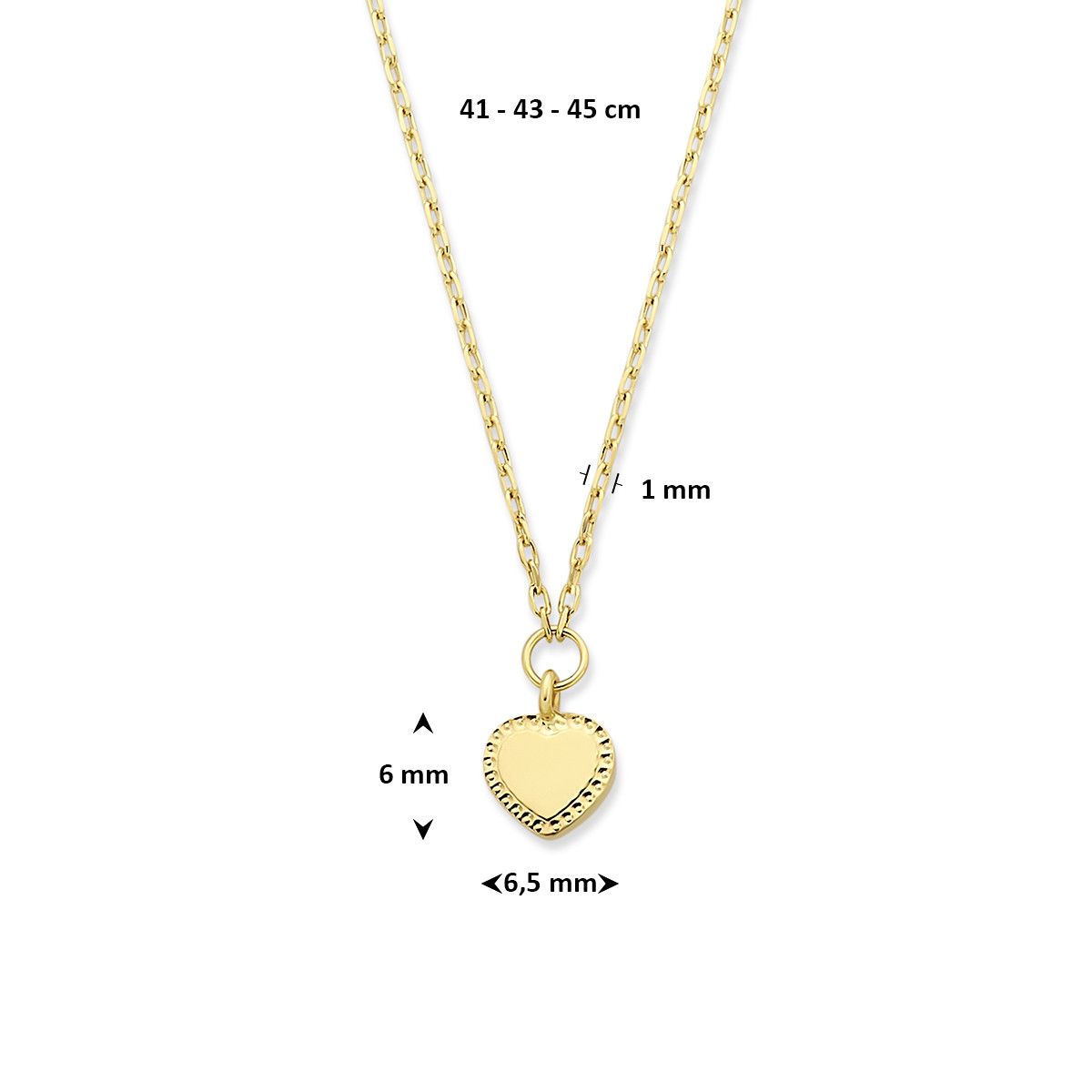 14-karaat gouden ketting met hartjes hanger 6.5 mm breed - Lengte 41-43-45 cm