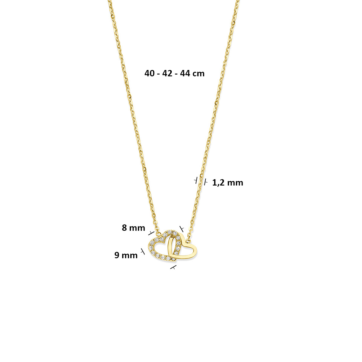 14-karaat gouden ketting met hartjes hanger en zirkonia's - Lengte 40-42-44 cm