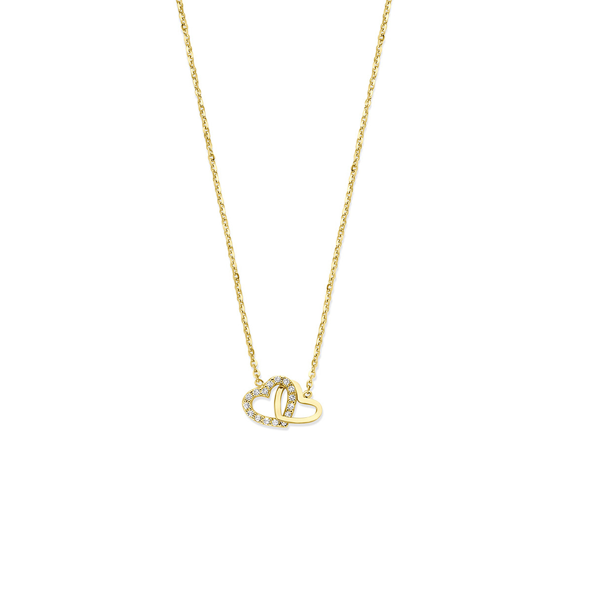 14-karaat gouden ketting met hartjes hanger en zirkonia's - Lengte 40-42-44 cm
