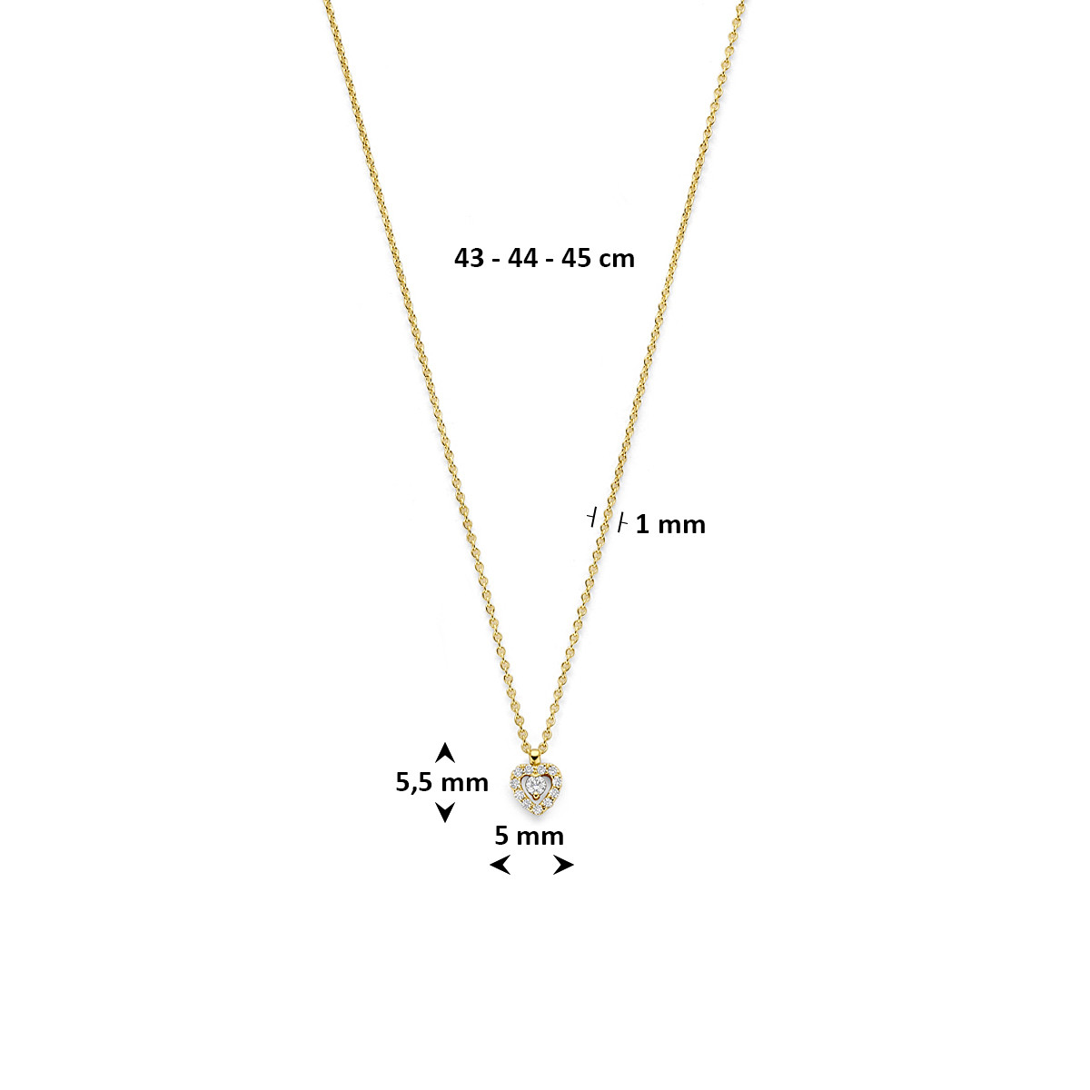 14-karaat gouden ketting met hartjes hanger met diamanten 0.08 crt - Lengte 43-44-45 cm