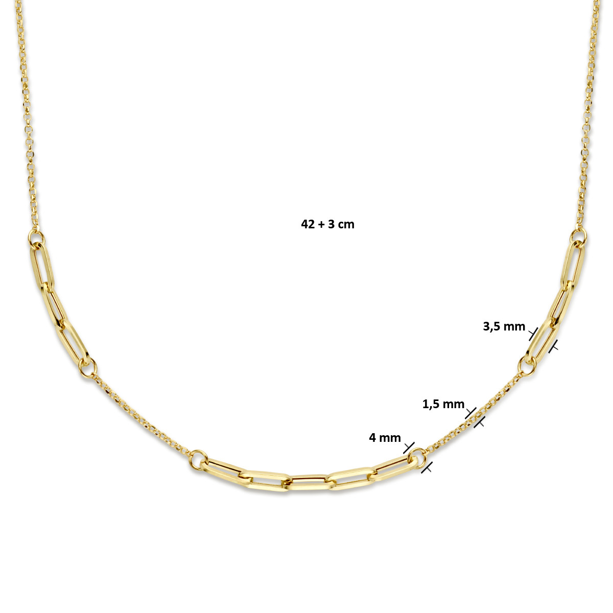 14-karaat gouden ketting met jasseron en paperclip schakel - Lengte 42 + 2 cm