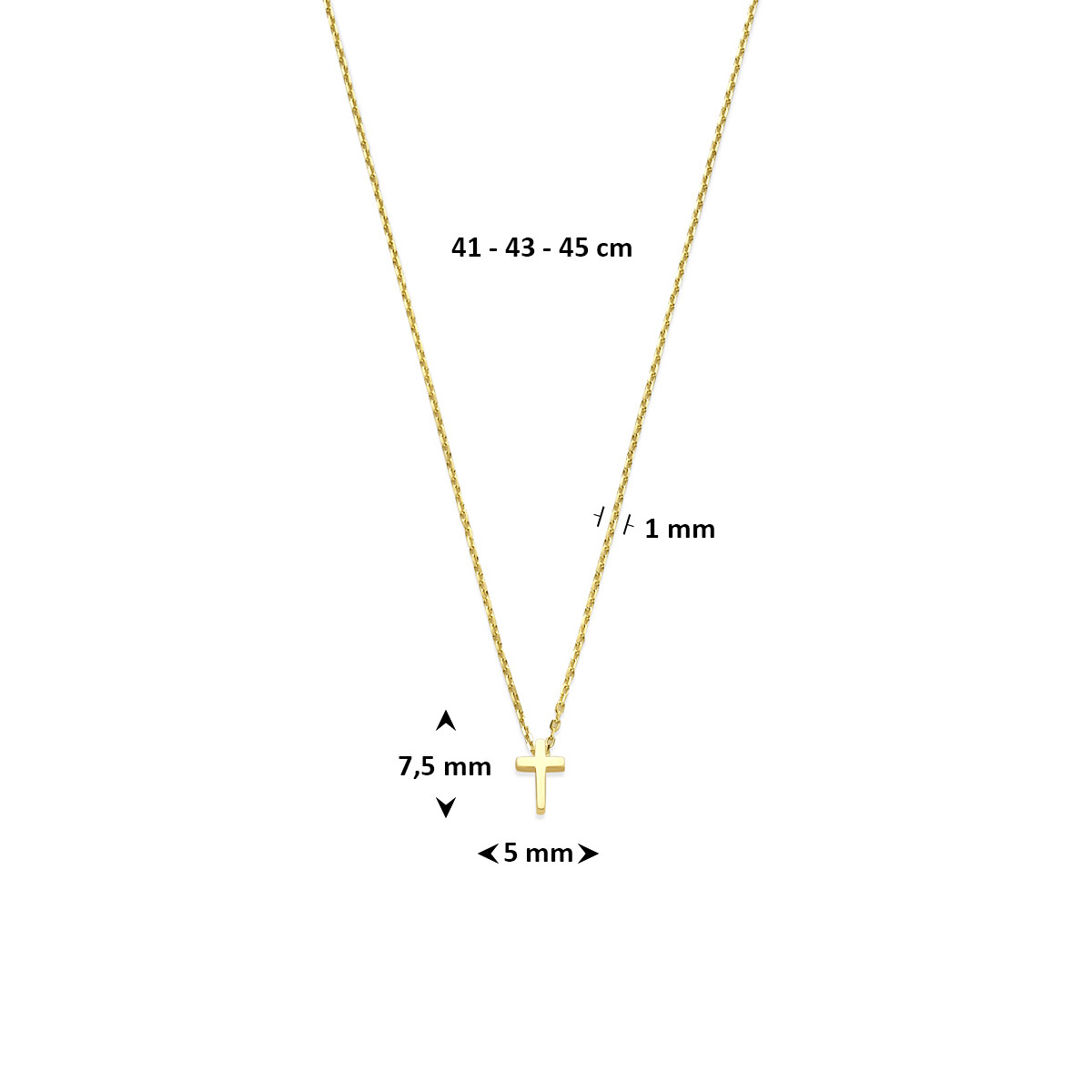 14-karaat gouden ketting met kruis hanger 1 mm breed - Lengte 41-43-45 cm