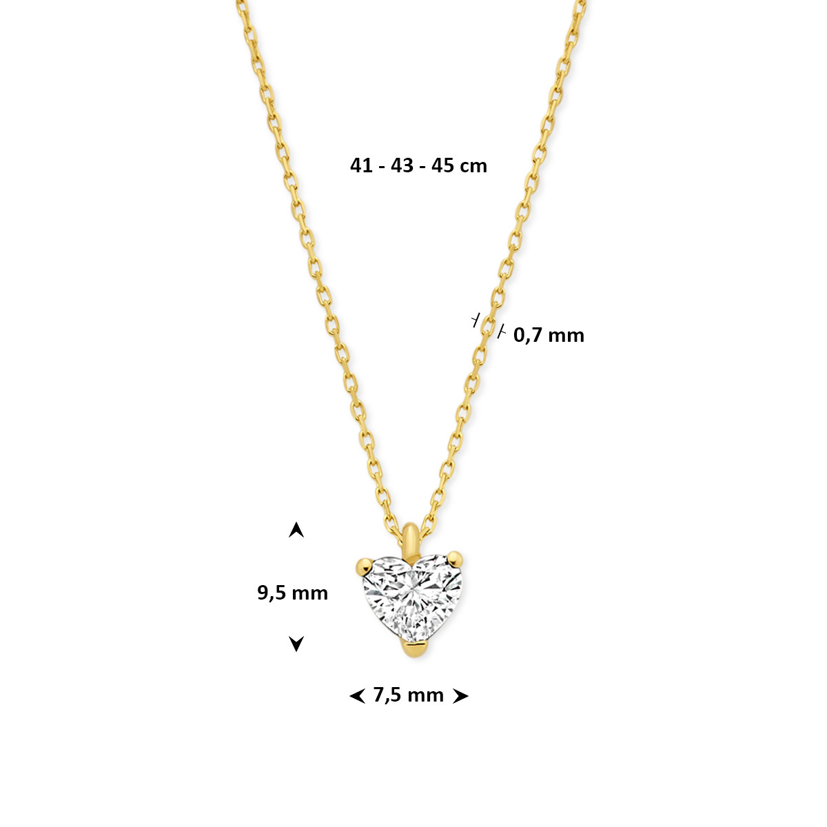 14-karaat gouden ketting met lab grown diamanten hartje 1.00 crt 9.5 mm x 7.5 mm - Lengte 41-43-45 cm