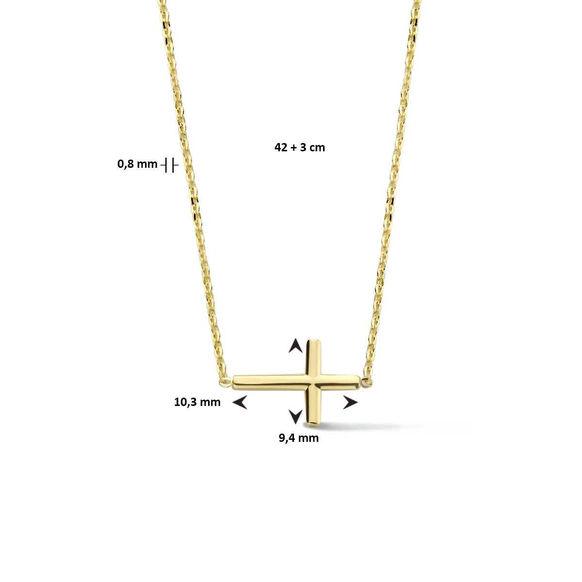 14-karaat gouden ketting met liggend kruis - Lengte 42 + 3 cm