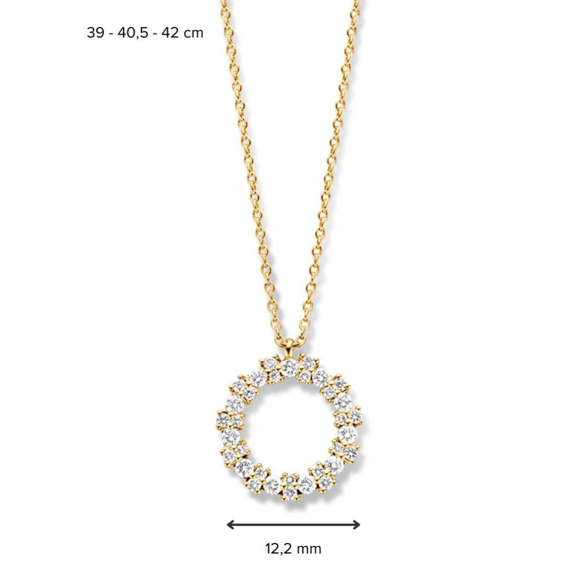 14-karaat gouden ketting met opengewerkte ronde hanger met diamanten - Lengte 40-42 cm