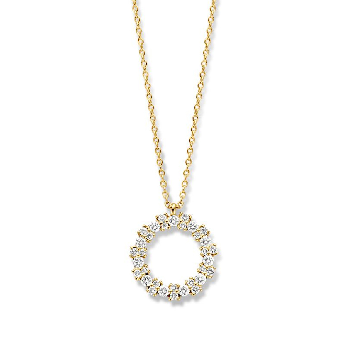 14-karaat gouden ketting met opengewerkte ronde hanger met diamanten - Lengte 40-42 cm