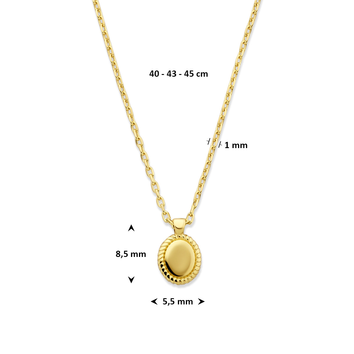 14-karaat gouden ketting met ovale geribbelde hanger 1 mm breed - Lengte 40-43-45 cm
