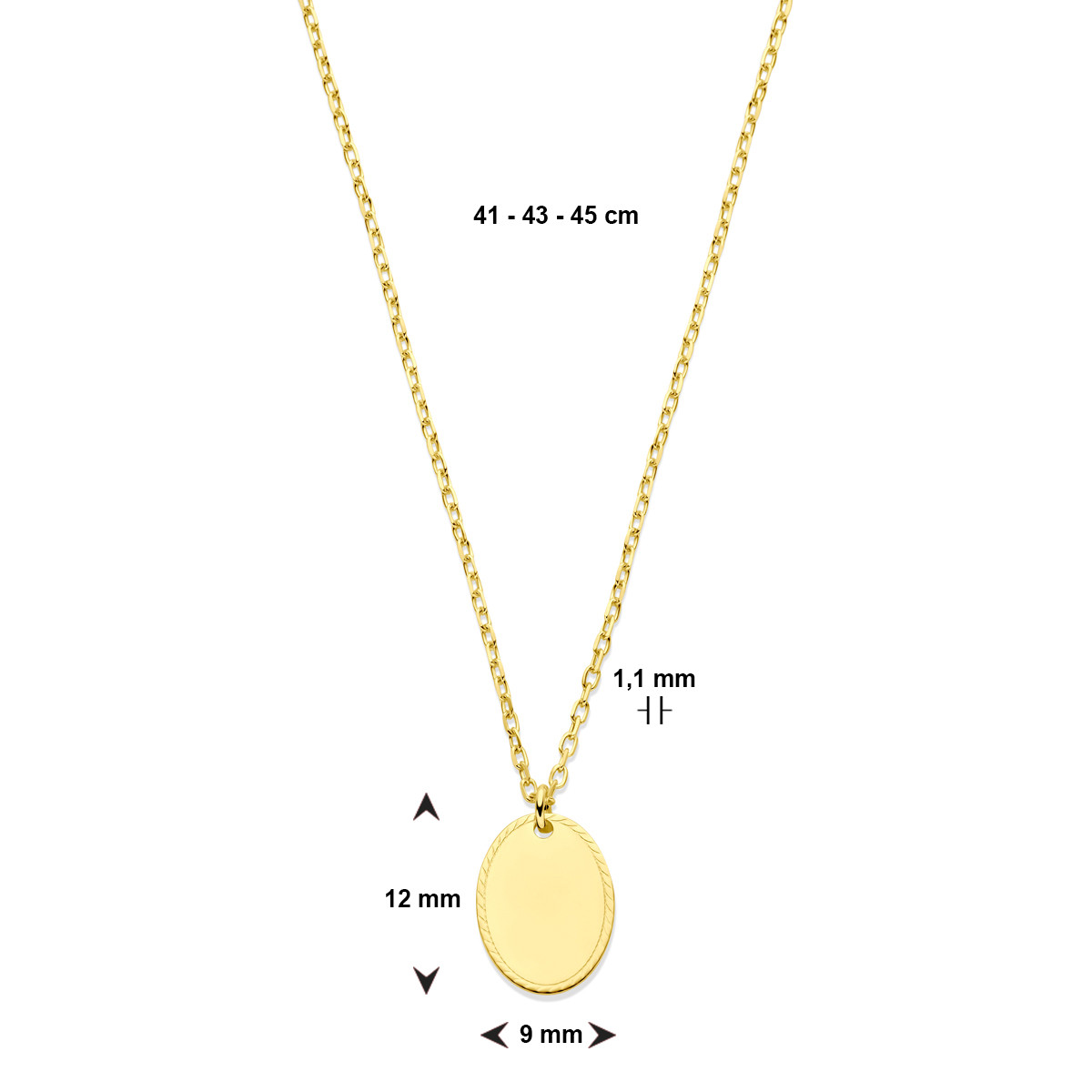 14-karaat gouden ketting met ovale hanger 9 mm x 12 mm - Lengte 41-43-45 cm