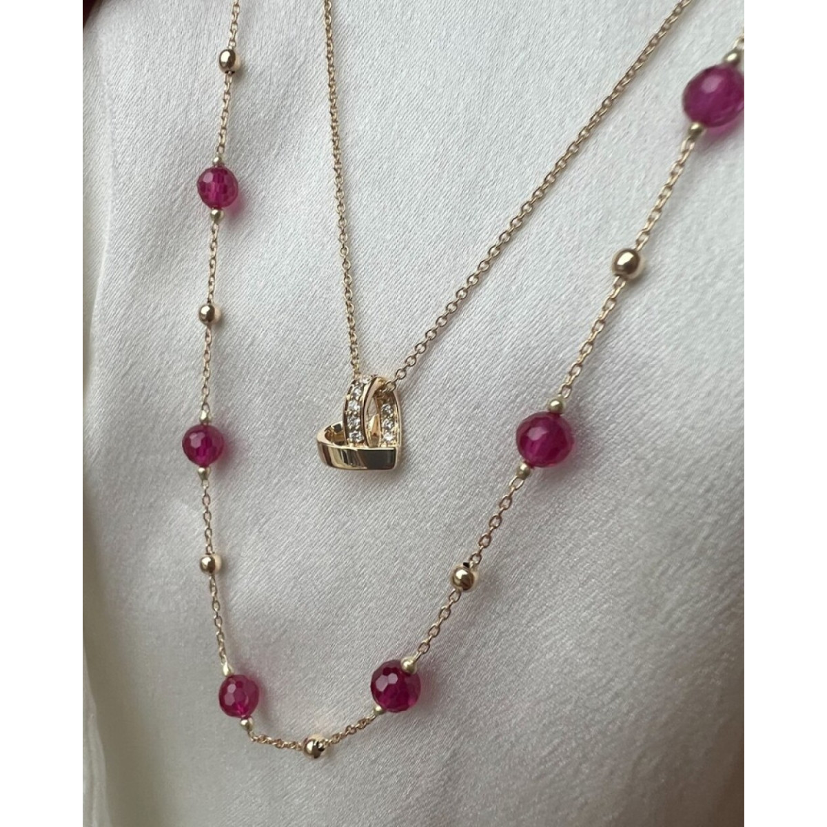 14-karaat gouden ketting met rode zirkonia en glanzende bolletjes - Lengte 45 cm