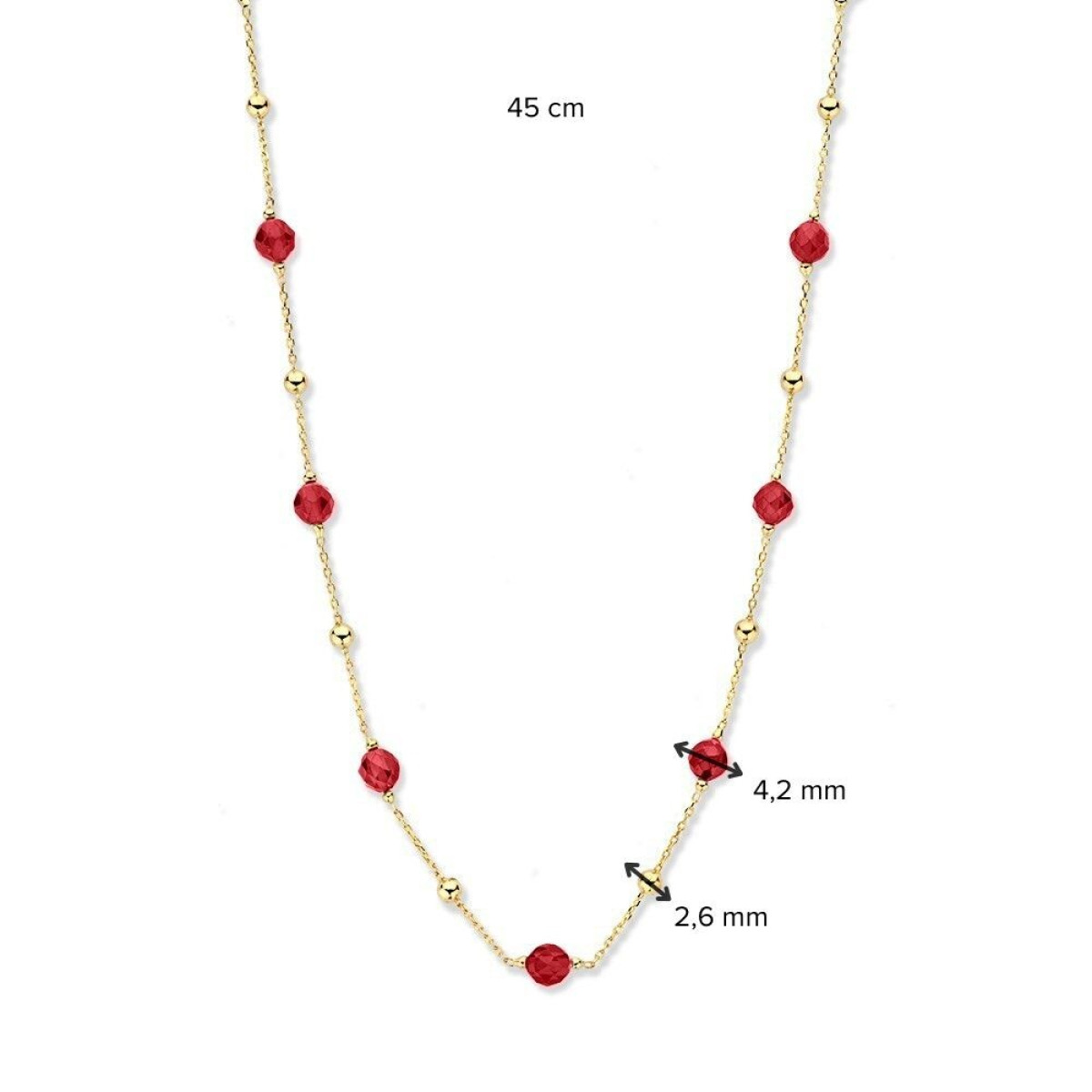 14-karaat gouden ketting met rode zirkonia en glanzende bolletjes - Lengte 45 cm