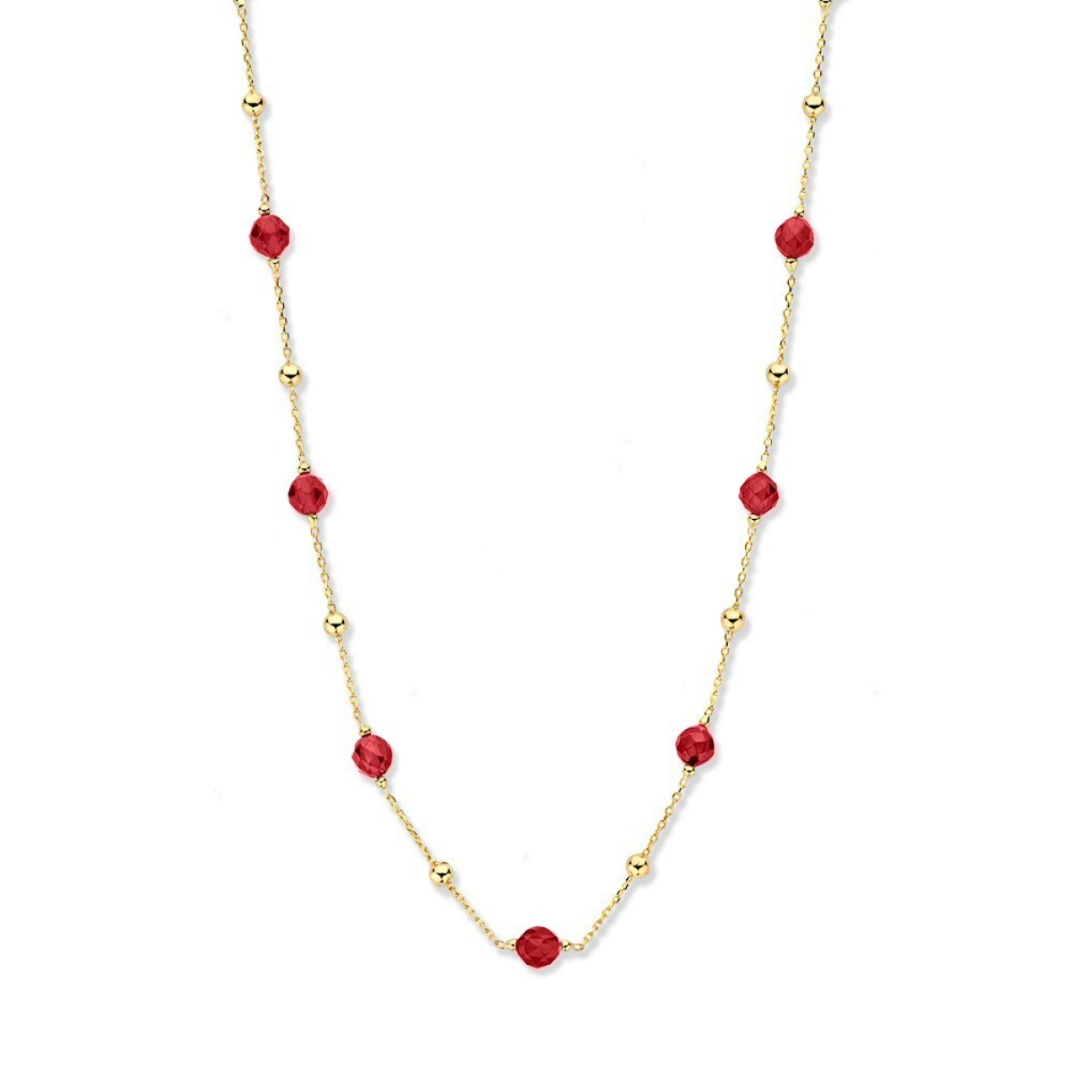 14-karaat gouden ketting met rode zirkonia en glanzende bolletjes - Lengte 45 cm