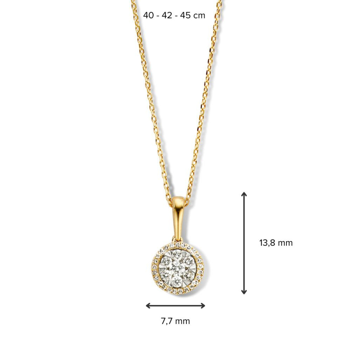 14-karaat gouden ketting met ronde en halo diamanten - Lengte 40-45 cm
