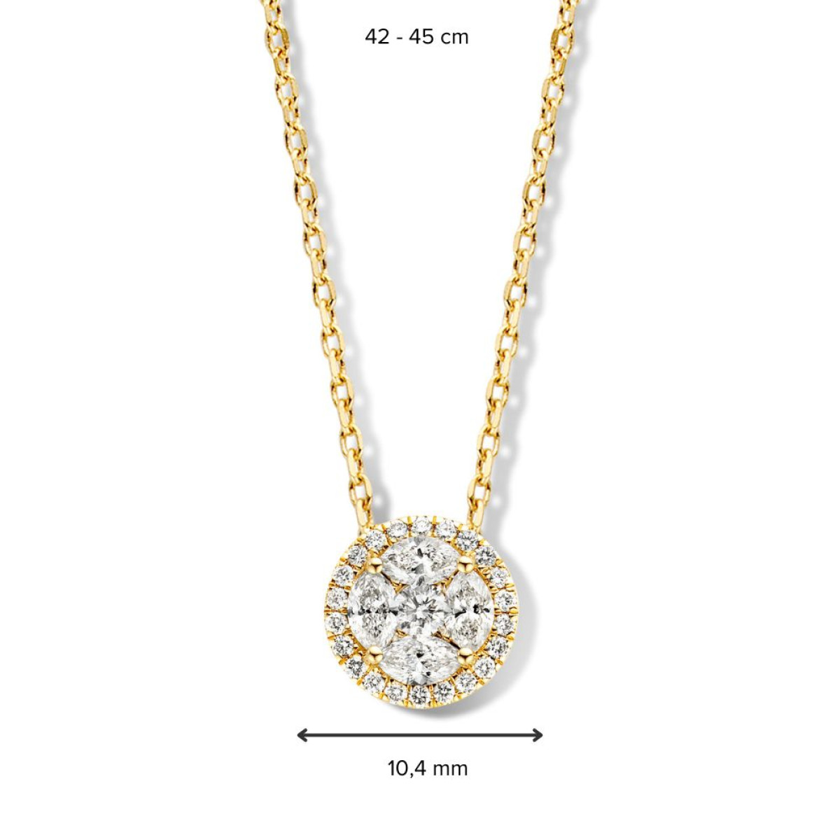14-karaat gouden ketting met ronde en halo diamanten - Lengte 42-45 cm