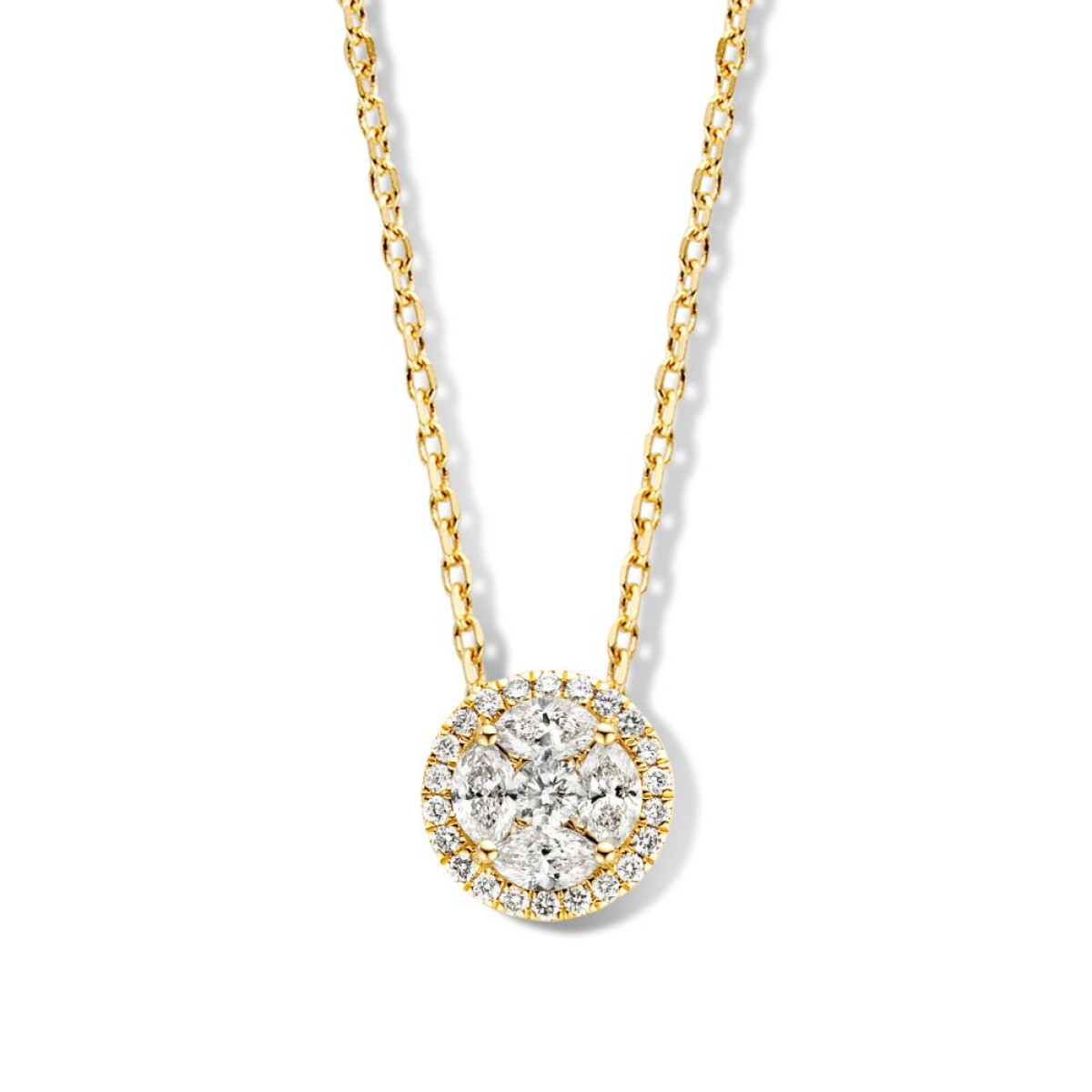 14-karaat gouden ketting met ronde en halo diamanten - Lengte 42-45 cm