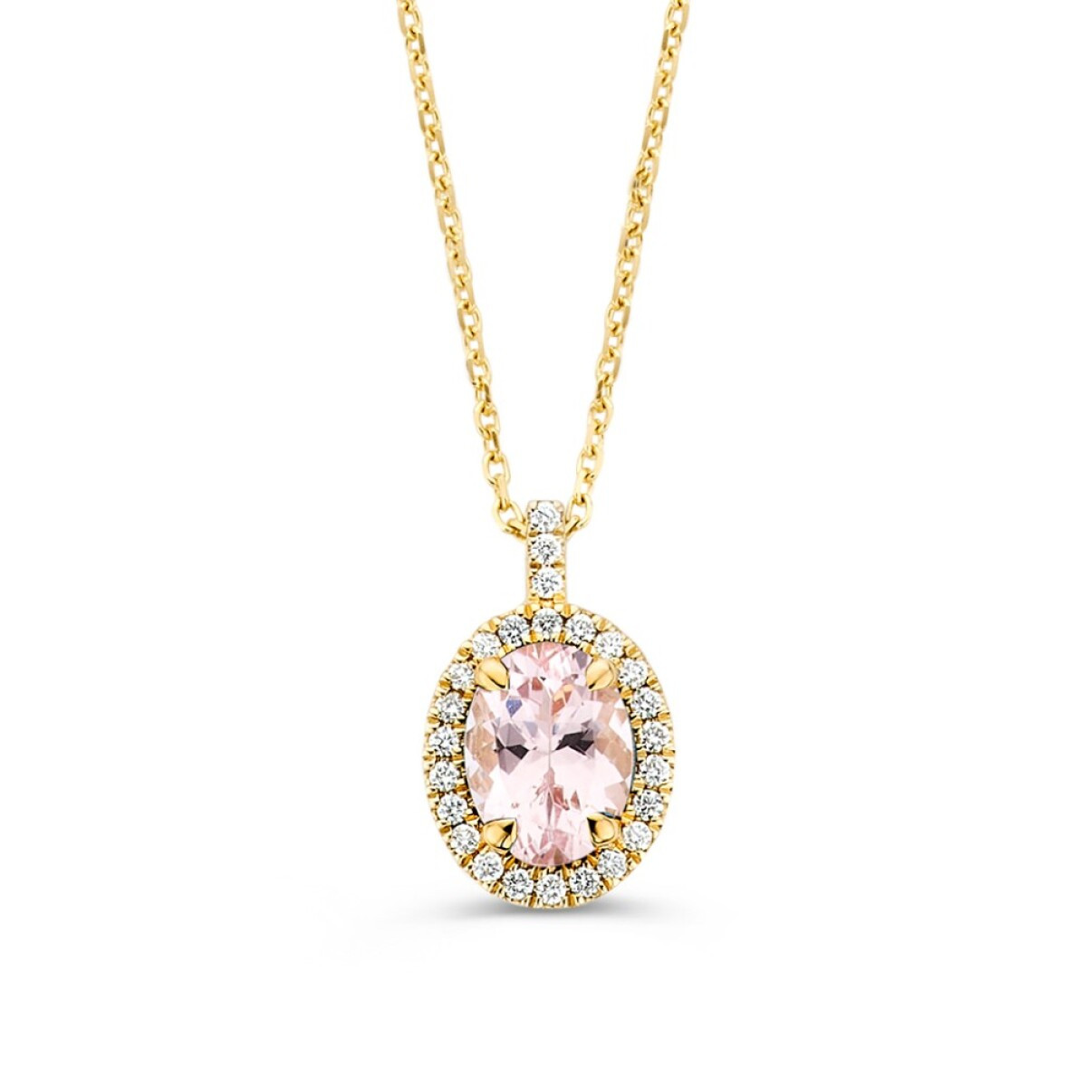 14-karaat gouden ketting met roze morganiet hanger en halo van diamanten 0.14 crt - Lengte 42-45 cm