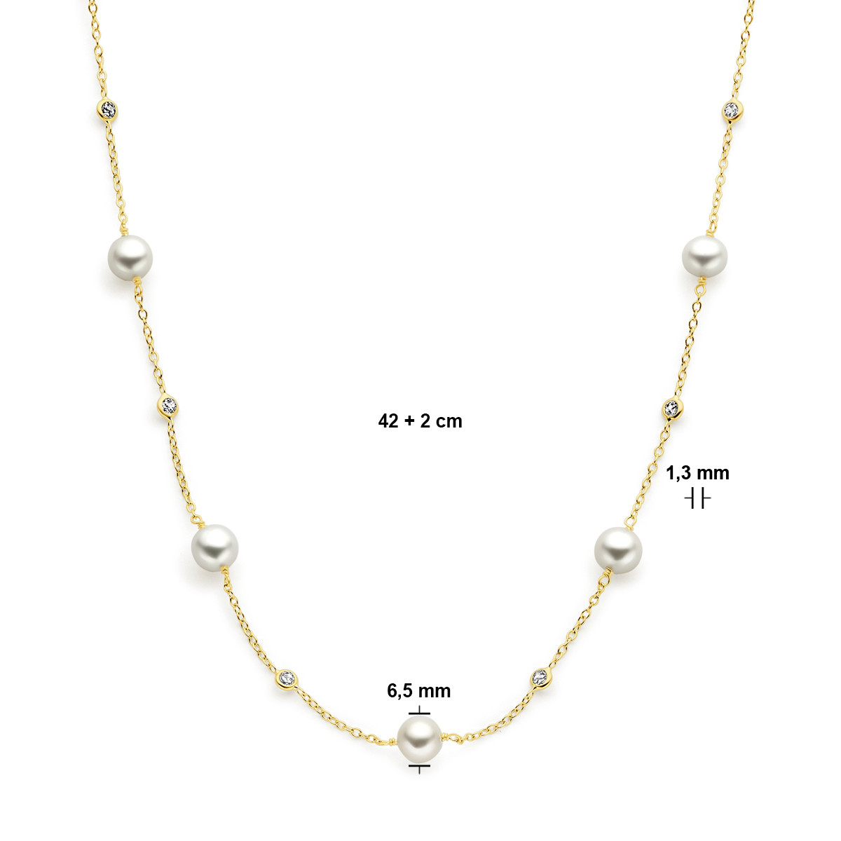 14-karaat gouden ketting met witte parels en zirkonia stenen - lengte 42-44 cm