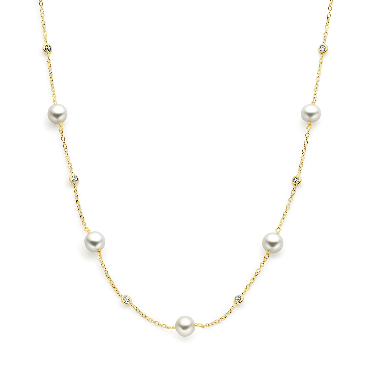 14-karaat gouden ketting met witte parels en zirkonia stenen - lengte 42-44 cm