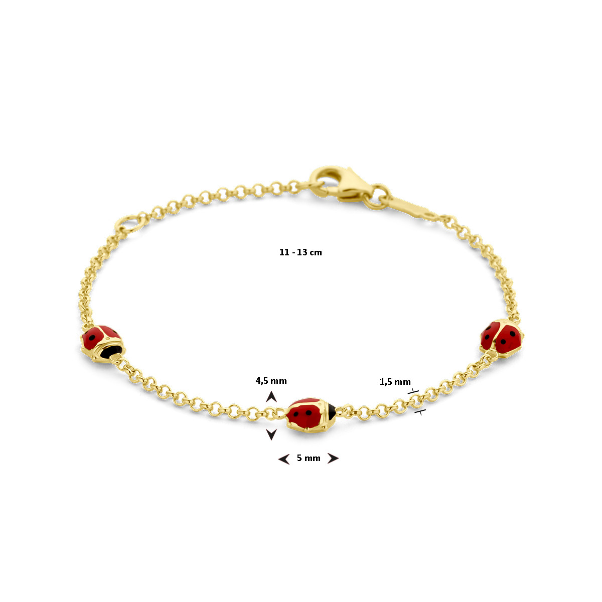 14-karaat gouden kinderarmband met 3 lieveheersbeestjes - Lengte 11-13 cm
