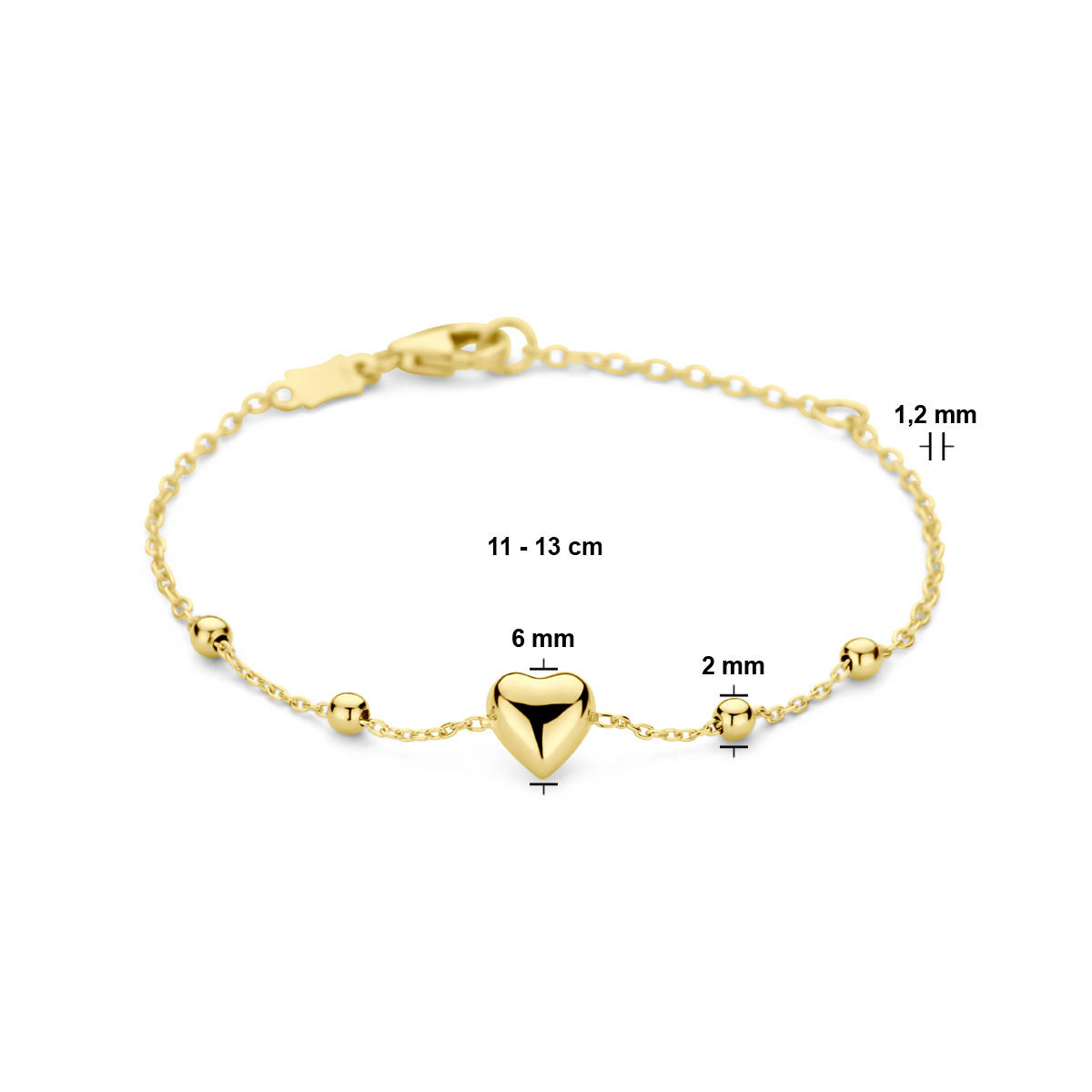 14-karaat gouden kinderarmband met hartje en bolletjes - Lengte 11-13 cm