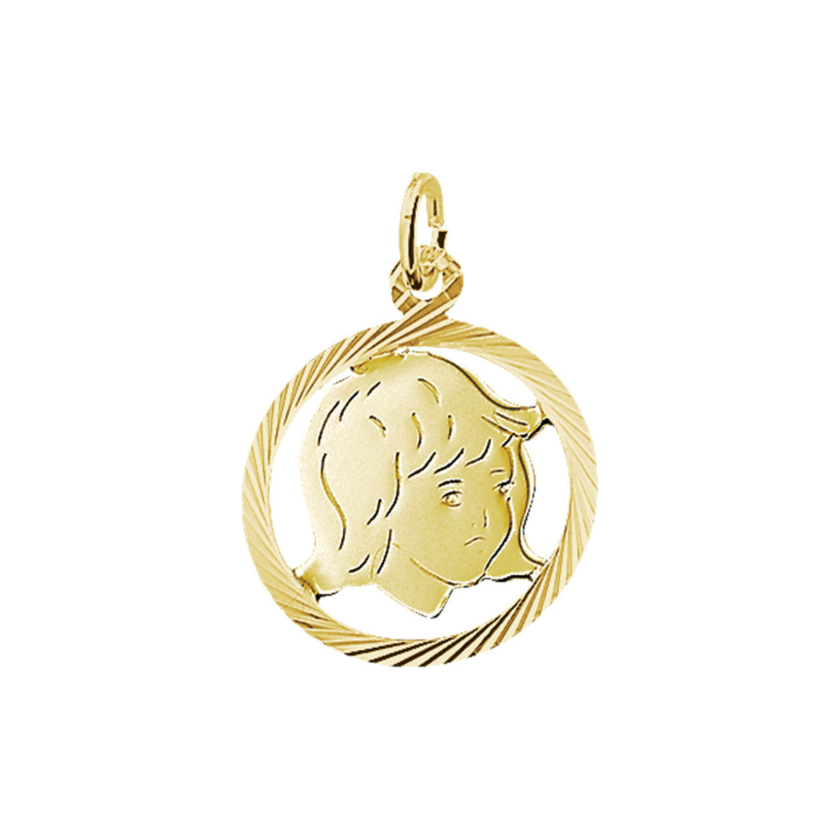 14-karaat gouden kinderhanger met gravure van een meisjesgezicht en gediamanteerde rand - Diameter 19 mm