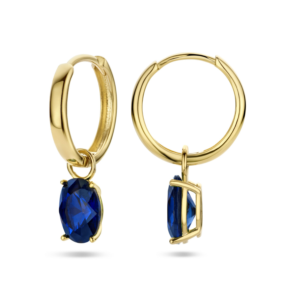 14-karaat gouden klapcreolen met blauwe zirkonia hanger - Diameter 12 mm