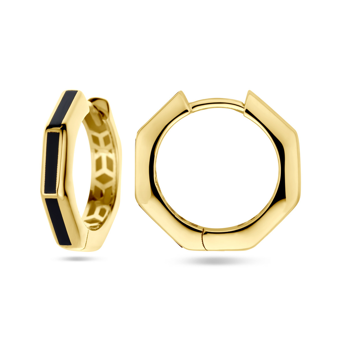 14-karaat gouden klapoorringen achthoek met zwarte emaille streep - Diameter 16 mm