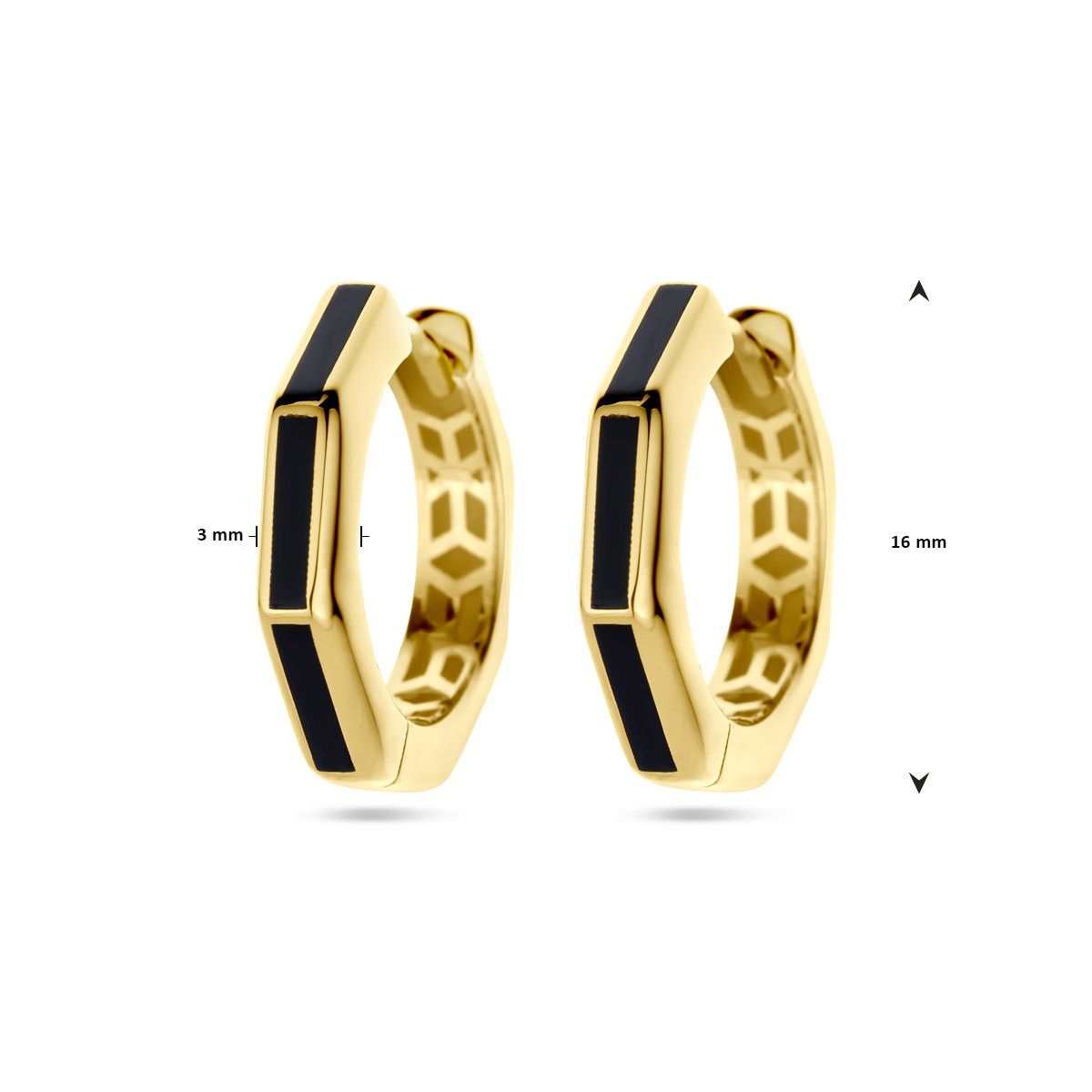 14-karaat gouden klapoorringen achthoek met zwarte emaille streep - Diameter 16 mm