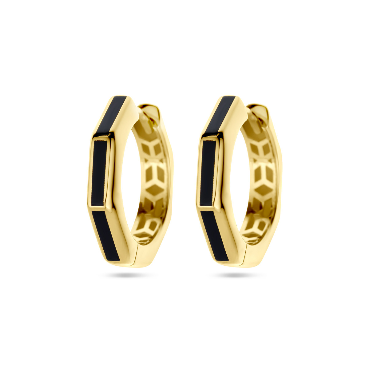 14-karaat gouden klapoorringen achthoek met zwarte emaille streep - Diameter 16 mm