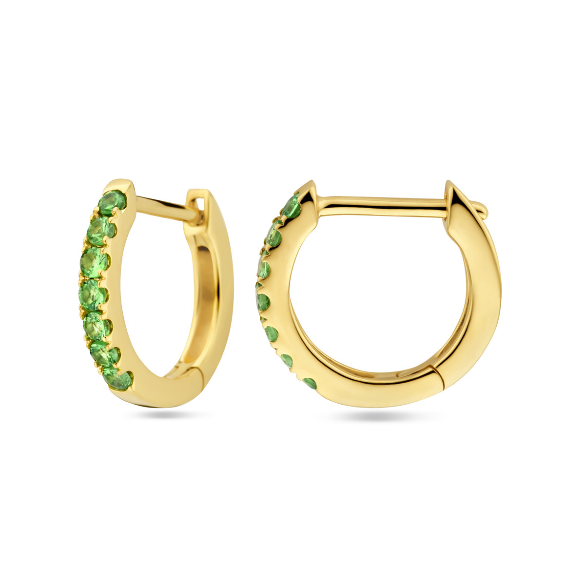 14-karaat gouden klapoorringen met groene tsavoriet 2 mm breed - Diameter 12 mm