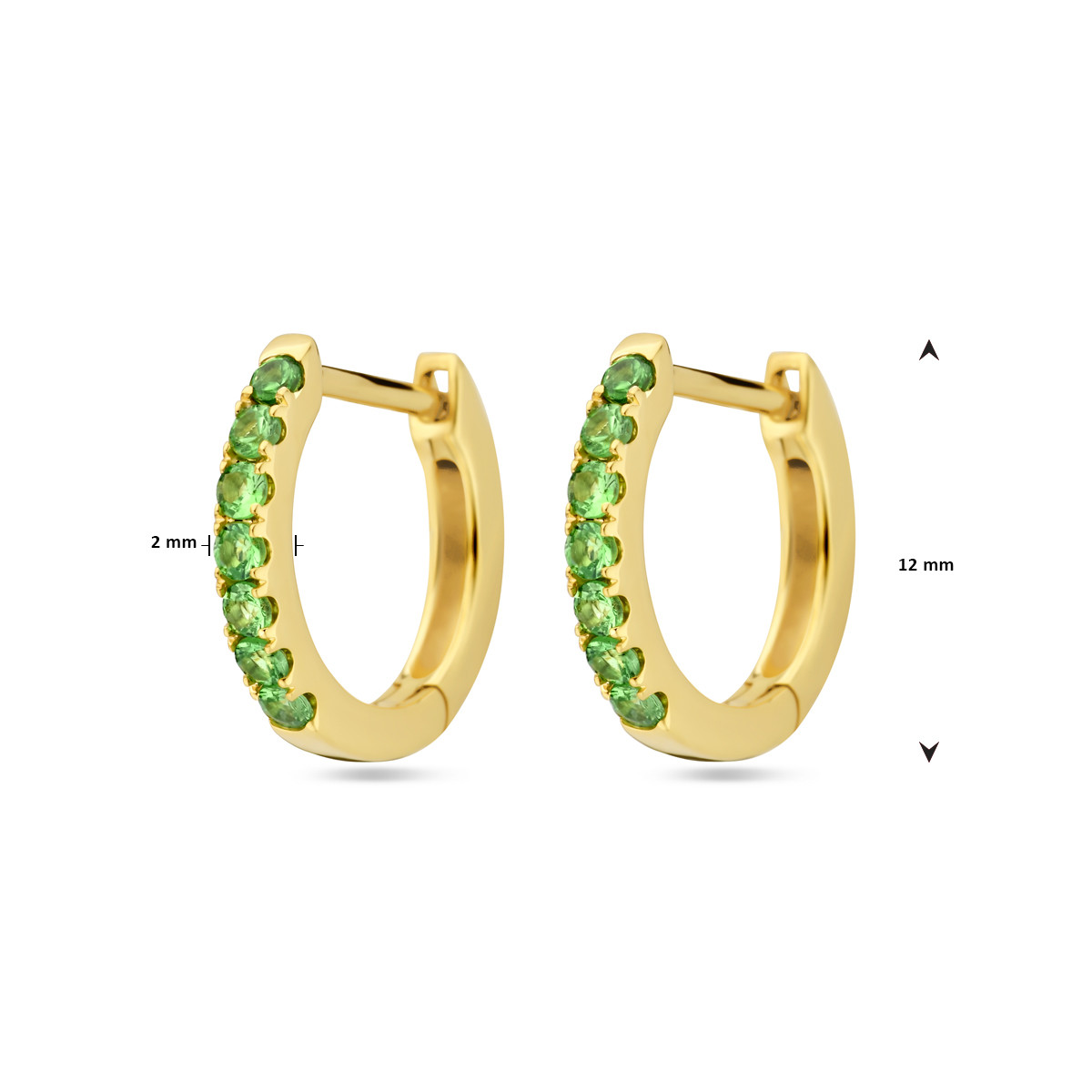 14-karaat gouden klapoorringen met groene tsavoriet 2 mm breed - Diameter 12 mm