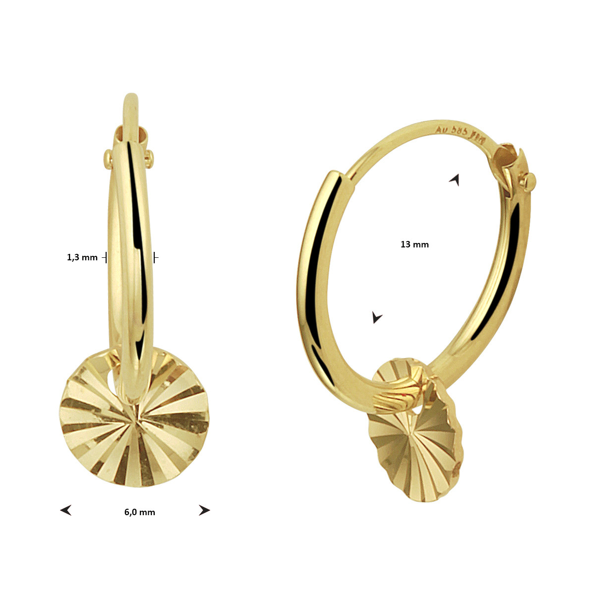 14-karaat gouden klapoorringen met hanger gediamanteerd 6 mm breed - Diameter 13 mm
