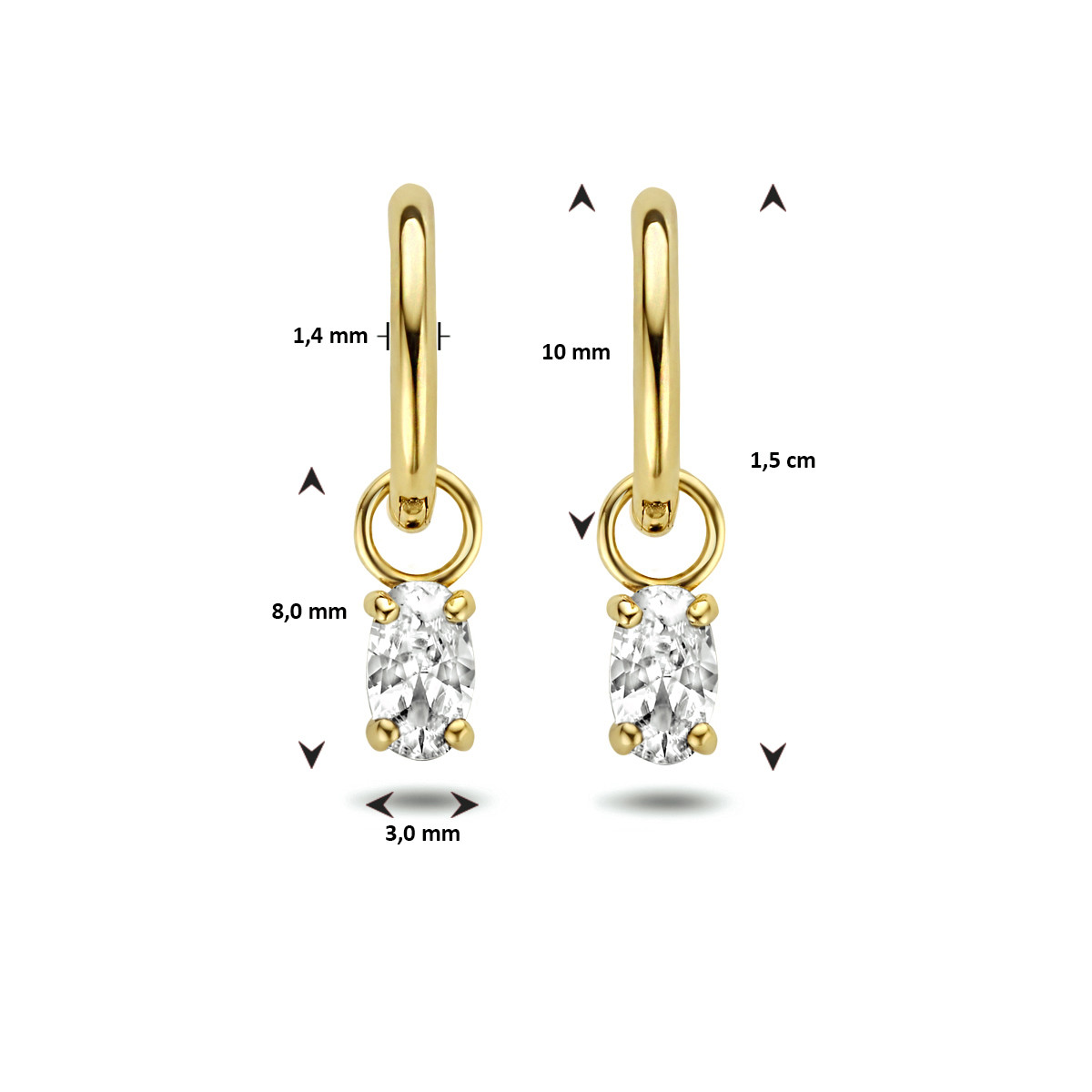 14-karaat gouden klapoorringen met ovale zirkonia - Diameter 10 mm