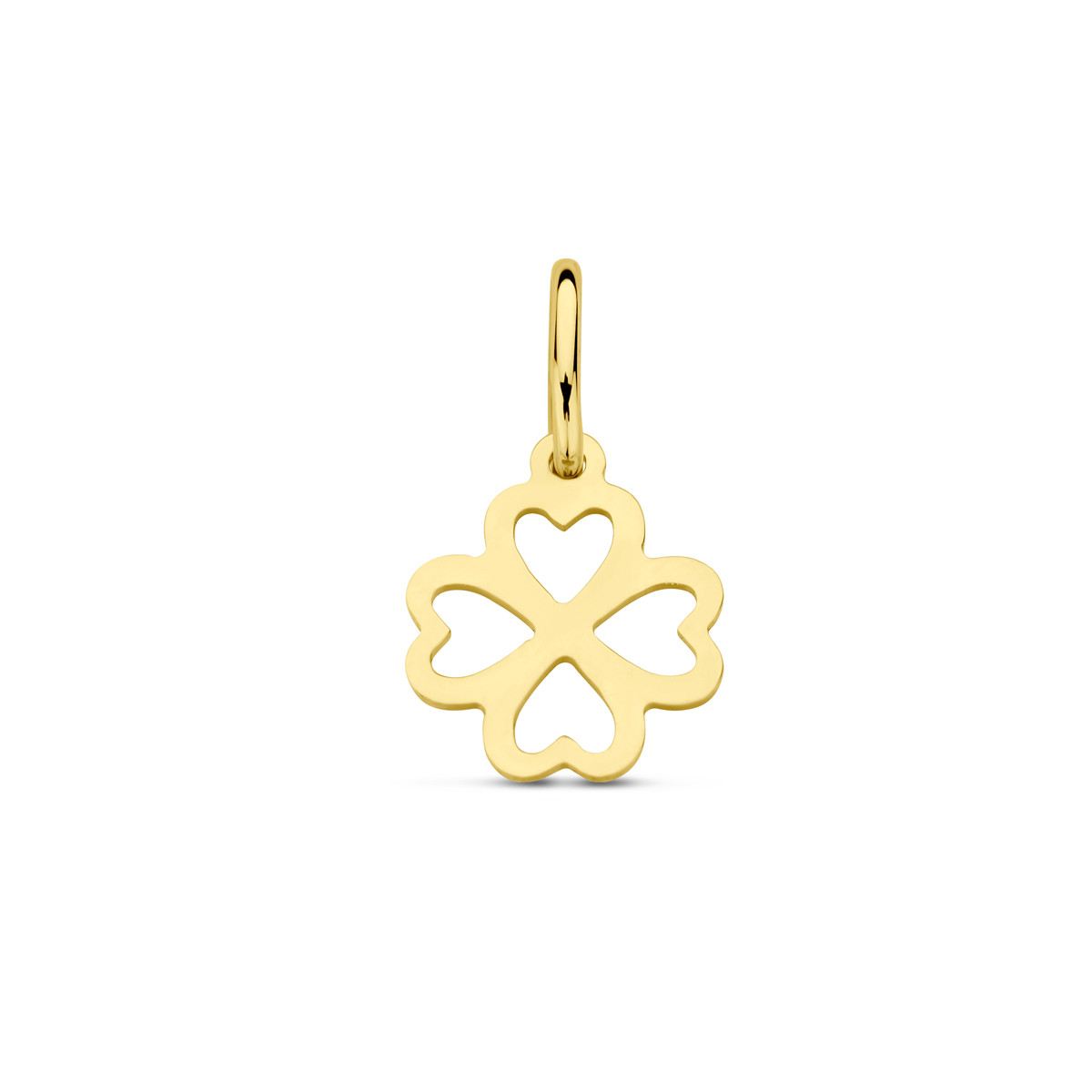 14-karaat gouden klavertje vier hanger met hartjes - 8.5 mm x 14 mm