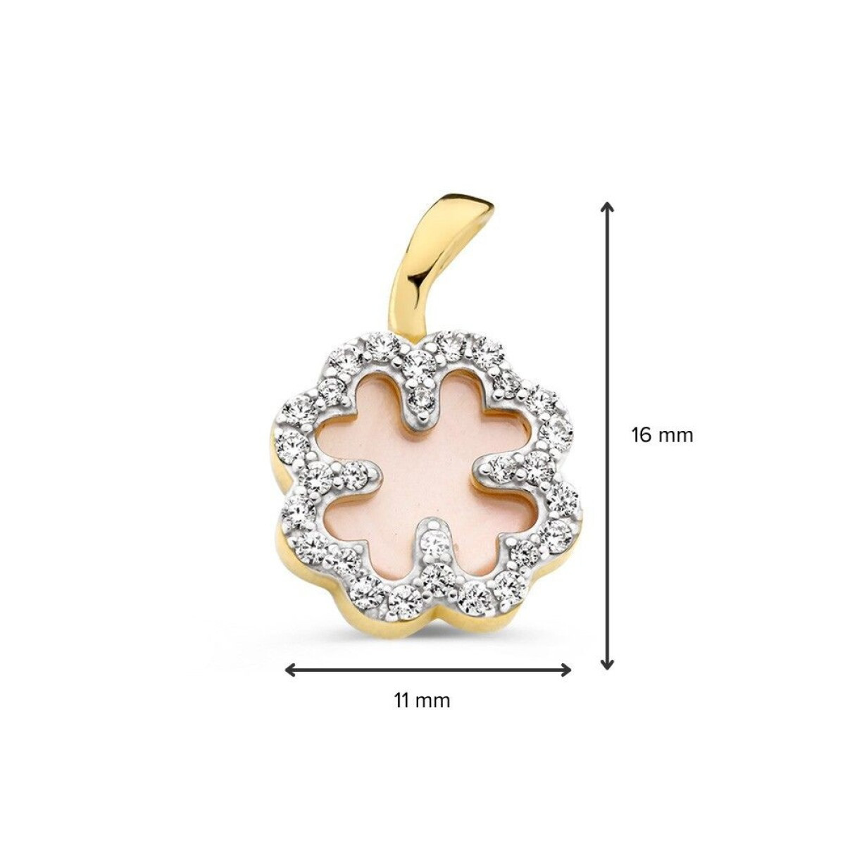 14-karaat gouden klavertje vier hanger met zirkonia's en roze parelmoer 11 mm breed - Hoogte 16 mm