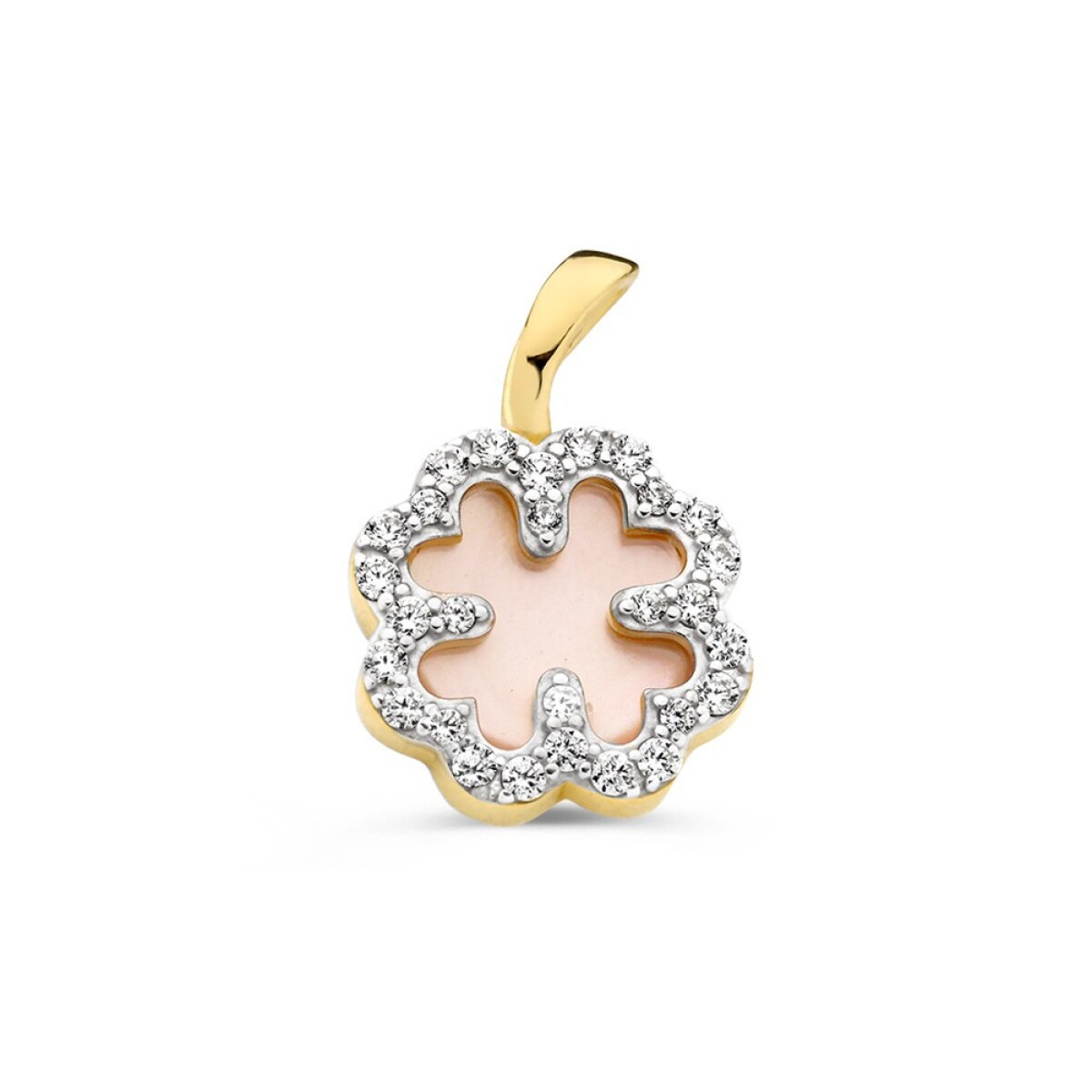 14-karaat gouden klavertje vier hanger met zirkonia's en roze parelmoer 11 mm breed - Hoogte 16 mm