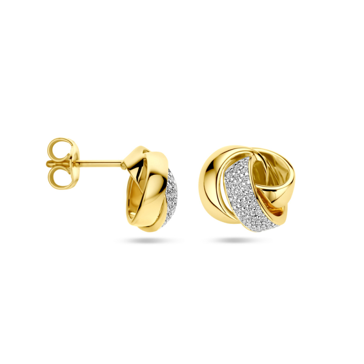 14-karaat gouden knoop-oorstekers met diamanten 0.19 crt - 10.5 mm x 11.5 mm