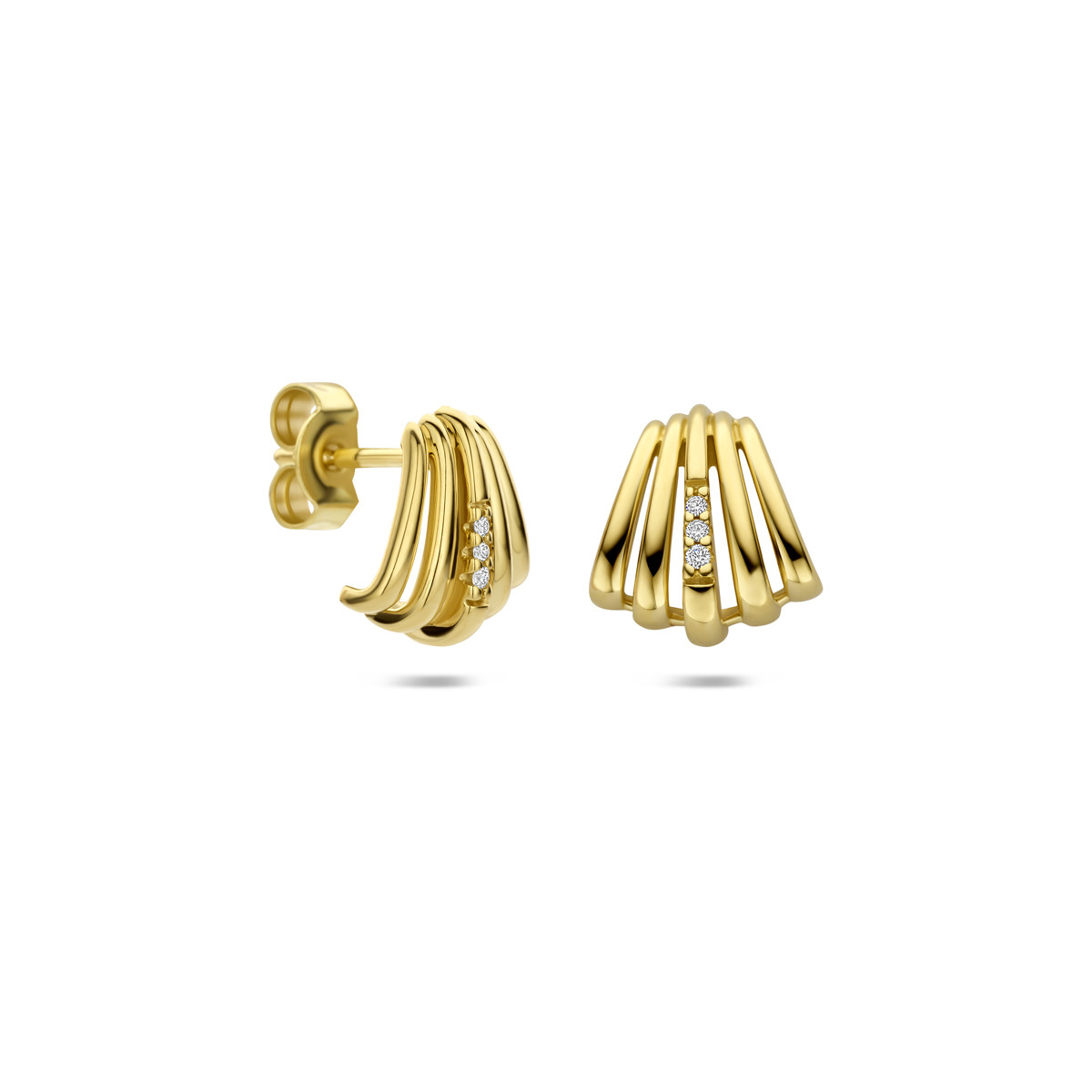 14-karaat gouden oorbellen met diamanten 0.03 crt in trapeziumvorm 10 mm breed - Hoogte 10.5 mm