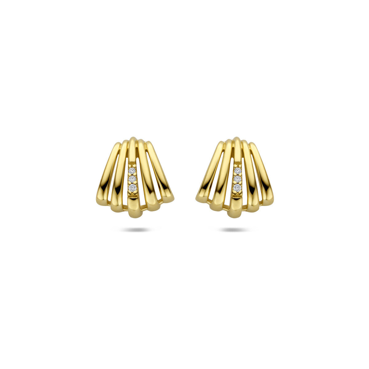 14-karaat gouden oorbellen met diamanten 0.03 crt in trapeziumvorm 10 mm breed - Hoogte 10.5 mm