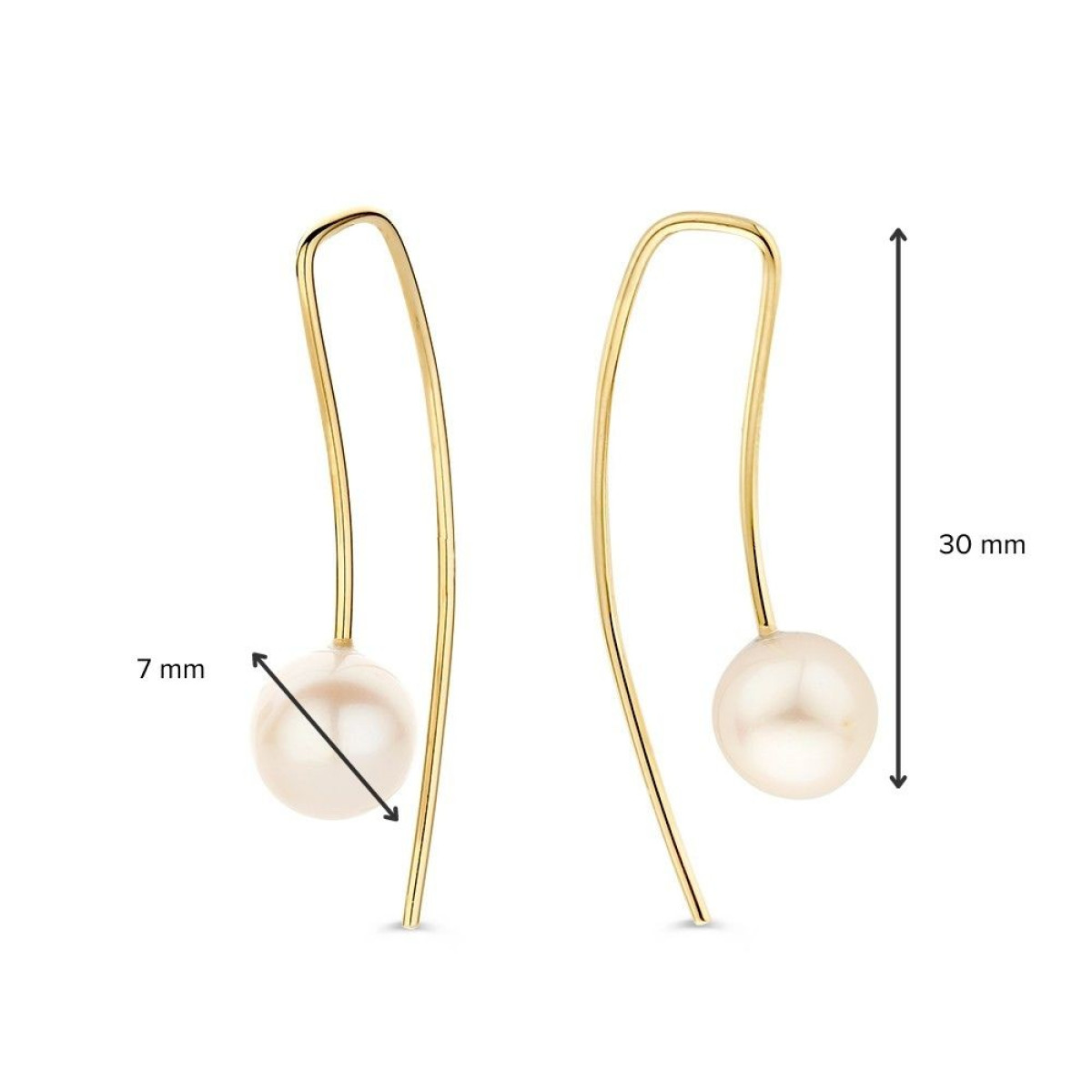 14-karaat gouden oorbellen met witte parels van 7 mm - Hoogte 30 mm
