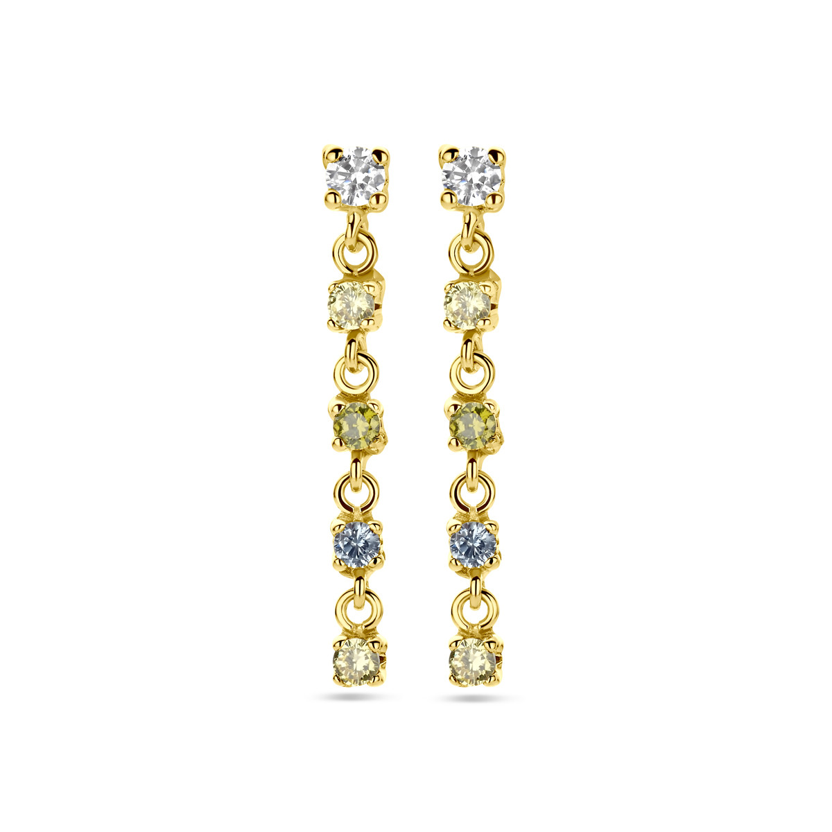 14-karaat gouden oorhangers met gekleurde zirkonia en synthetische aquamarijn – 22 mm x 2.5 mm