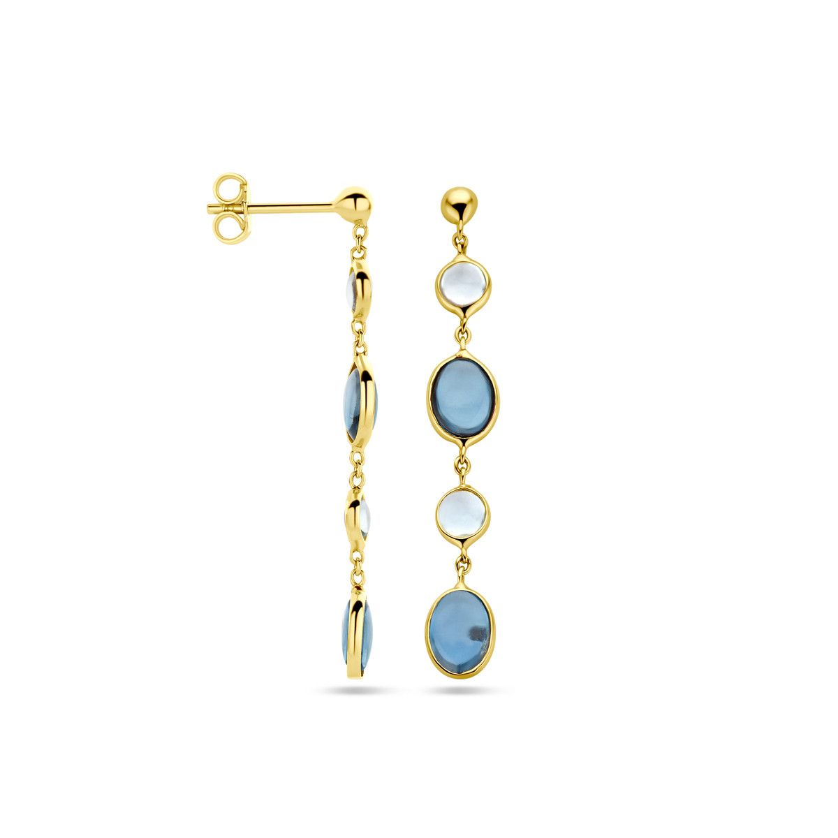 14-karaat gouden oorhangers met london blue topaas en blauwe topaas - Hoogte 40 mm
