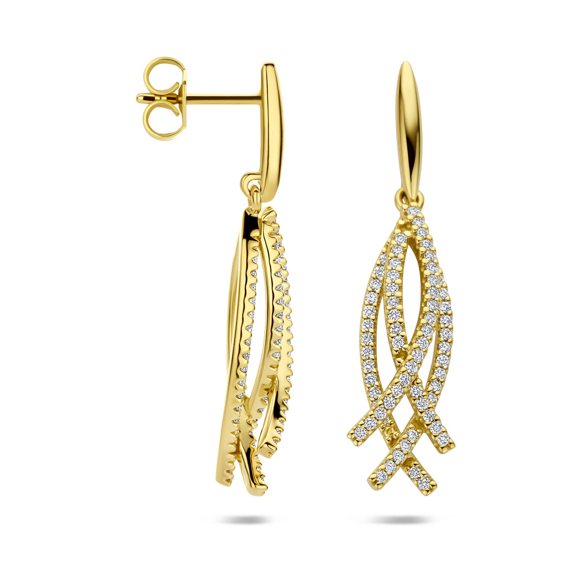 14-karaat gouden oorhangers met pavé diamanten 0.5 crt 8 mm breed - Hoogte 34 mm