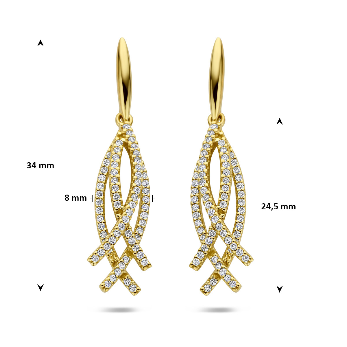 14-karaat gouden oorhangers met pavé diamanten 0.5 crt 8 mm breed - Hoogte 34 mm