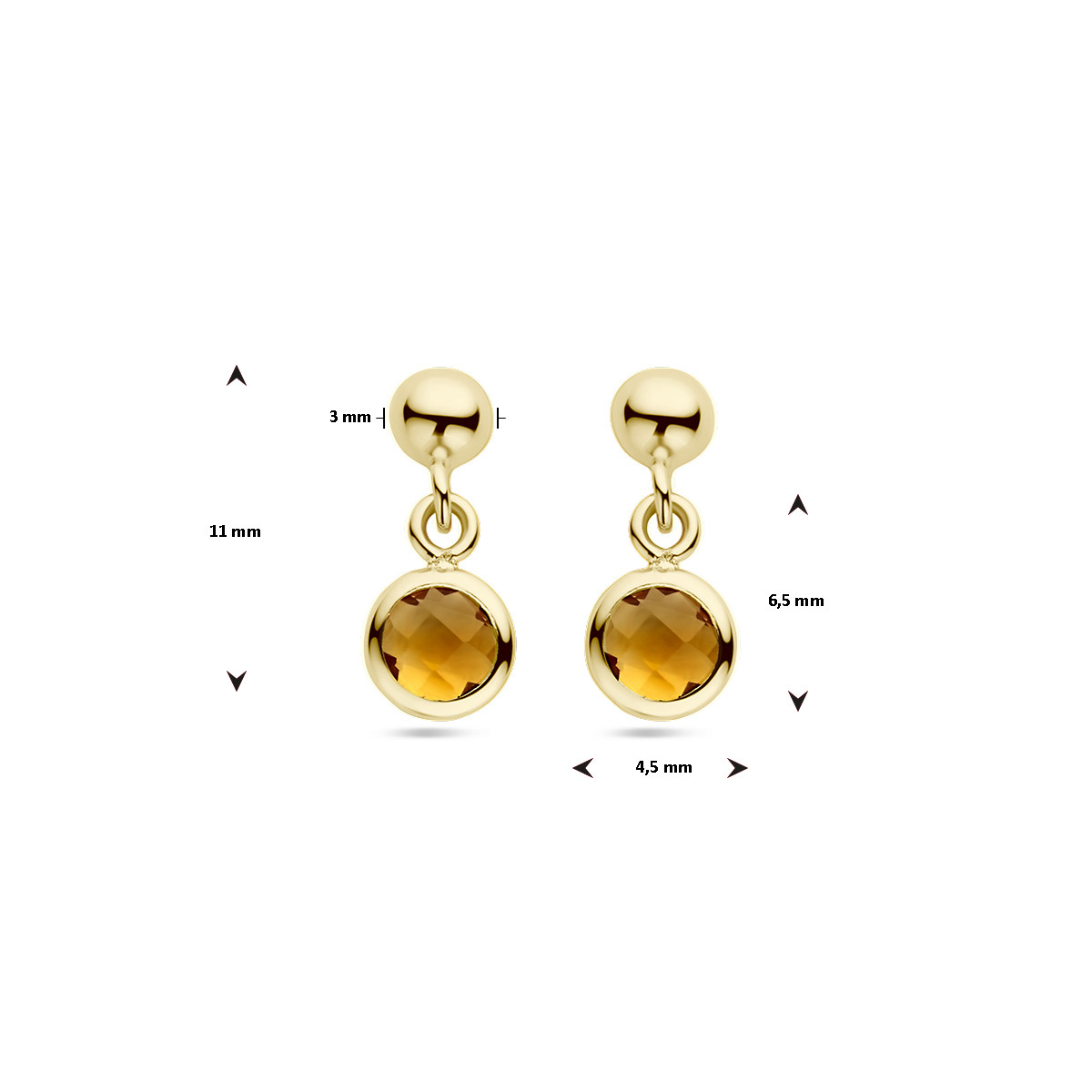 14-karaat gouden oorhangers met ronde oranje/gele citrien - Hoogte 11 mm