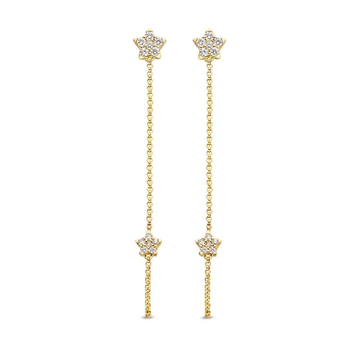 14-karaat gouden oorhangers met sterren en diamanten 0.24 crt - Hoogte 57 mm