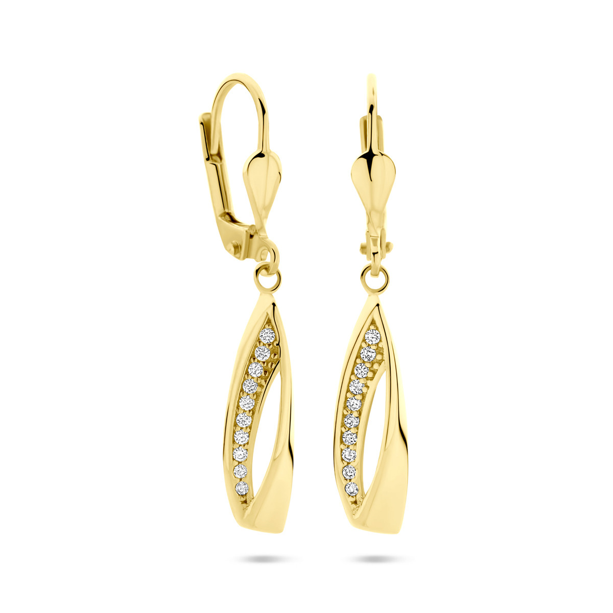 14-karaat gouden oorhangers met transparante zirkonia 6 mm breed - Hoogte 33 mm