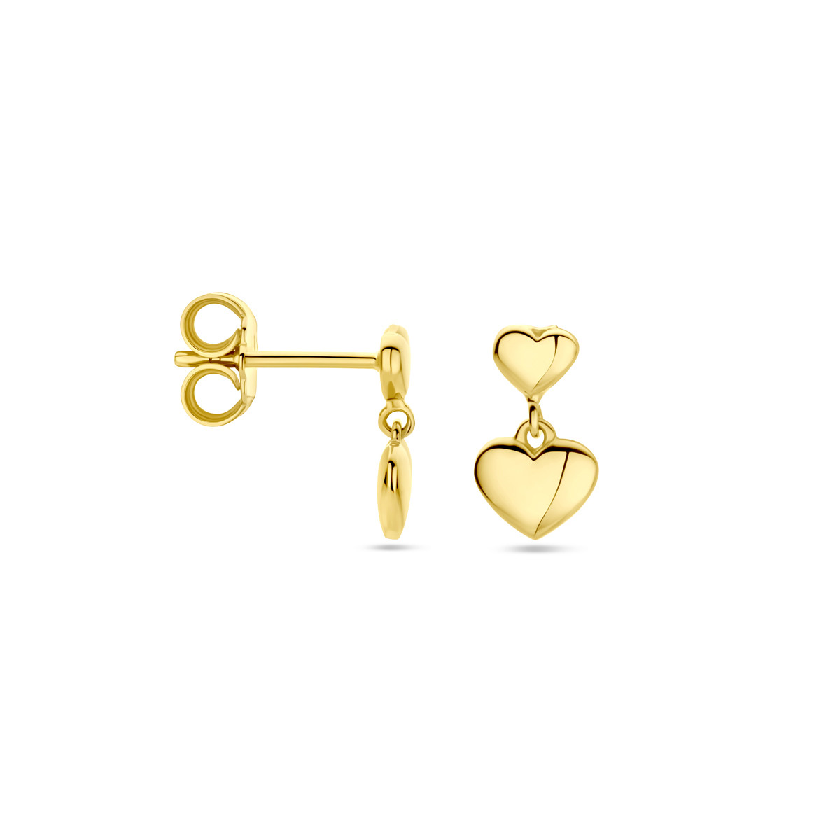 14-karaat gouden oorhangers met vier dichte hartjes - Hoogte 11 mm