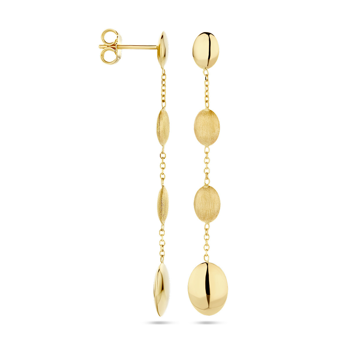 14-karaat gouden oorhangers met vier ovalen mat en glanzend - 7.5 mm x 50 mm