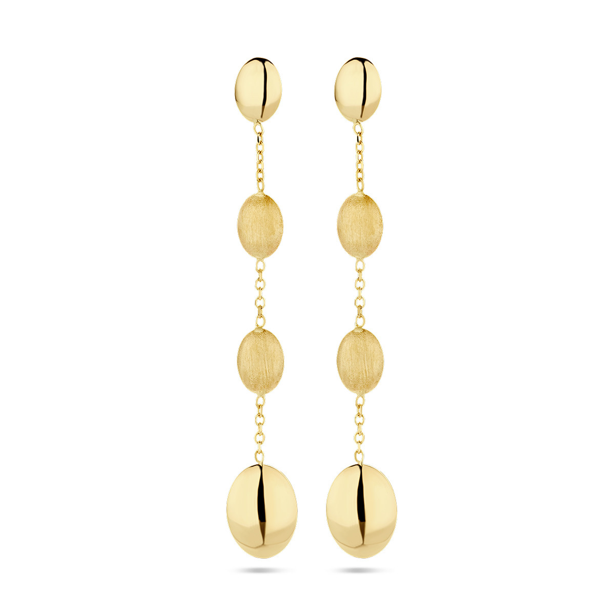14-karaat gouden oorhangers met vier ovalen mat en glanzend - 7.5 mm x 50 mm