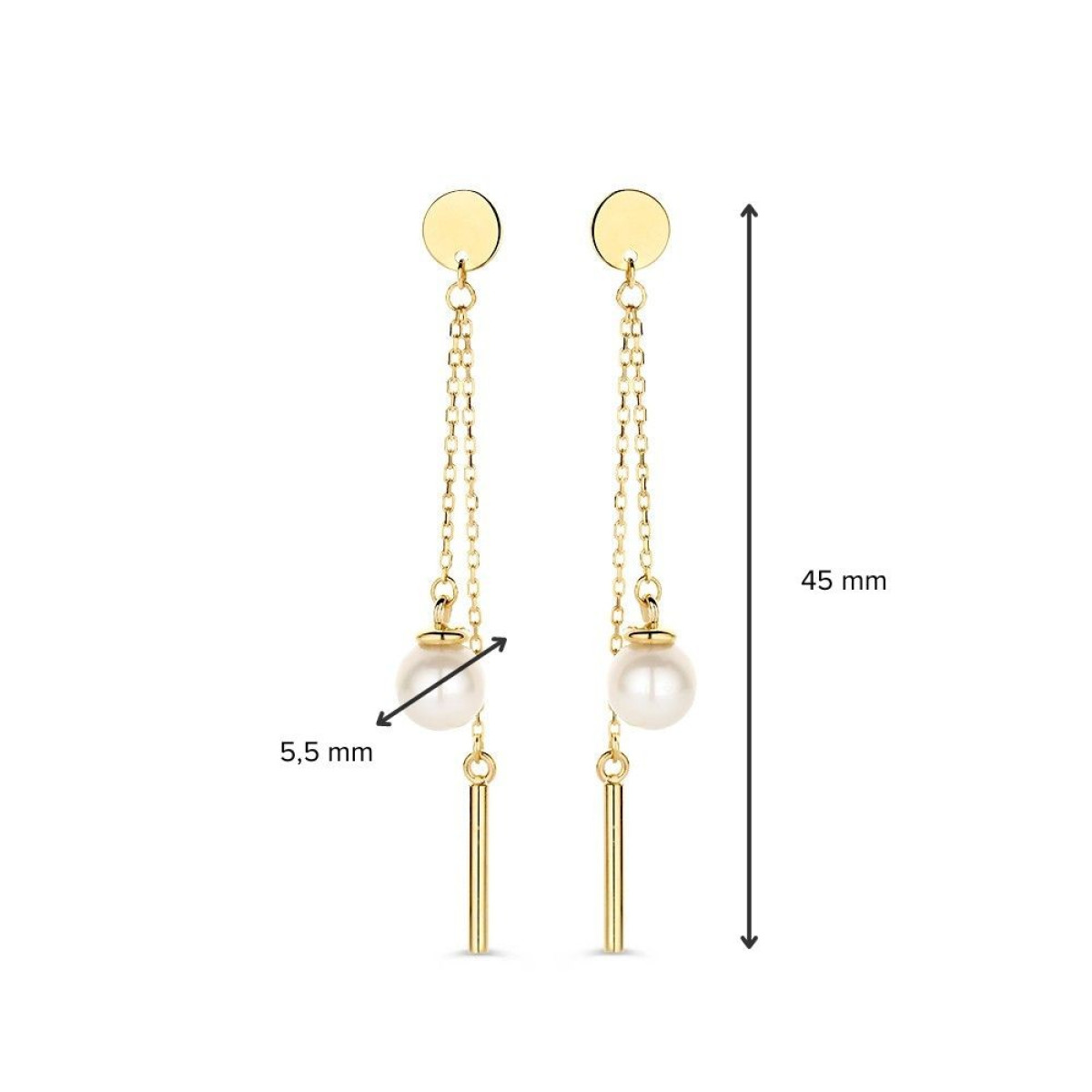 14-karaat gouden oorhangers met witte parels en staafjes - Hoogte 45 mm